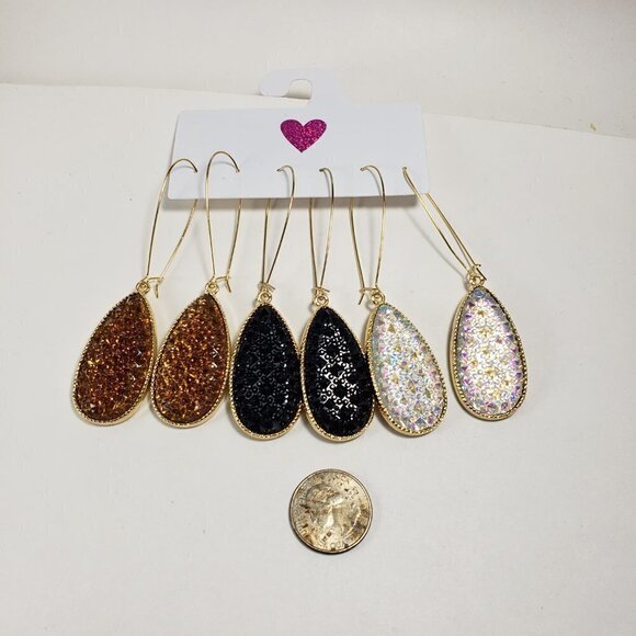 Women's Set of 3 Polished Gold tone Long Kidney Wire Multi color Earrings - Picture 5 of 7